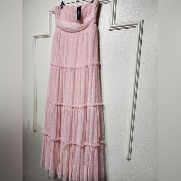 Lulus Sweetness Light Pink Mesh Swiss Dot Tiered Maxi Dress M Wedding Party - Picture 7 of 9